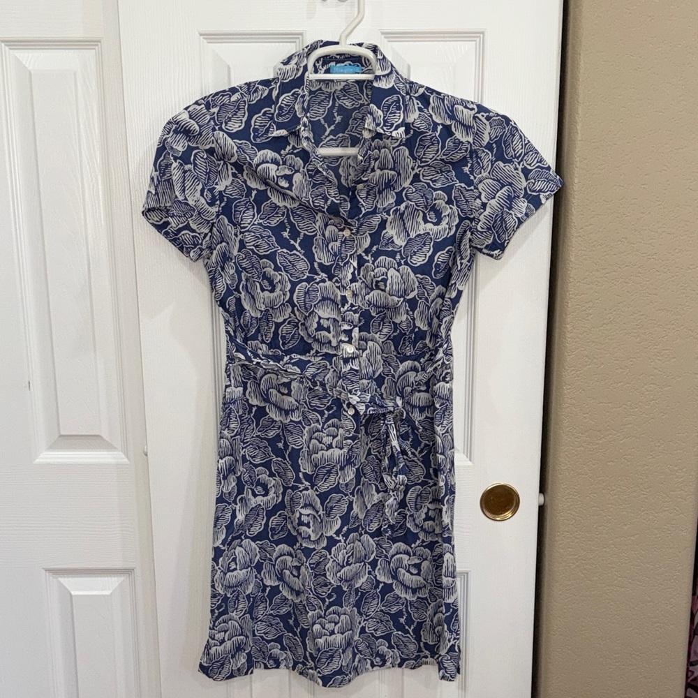 J. McLaughlin Floral Blue and White cotton shirt Dress - size XS